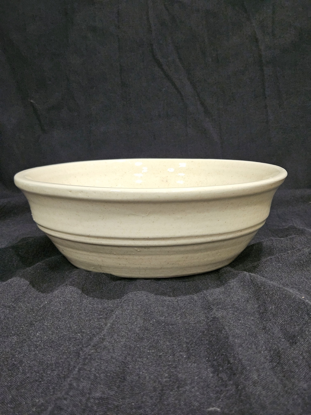 Vintage Stoneware Mixing Bowl Cream Ceramic Flared Rim Ribbed Farmhouse Ringware